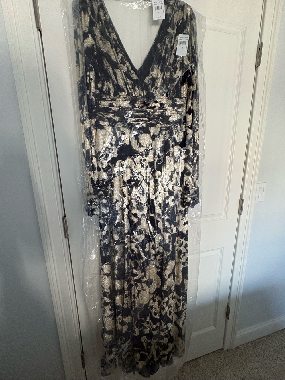 Betsy & Adam Navy and Gold Metallic V-Neck Maxi Dress